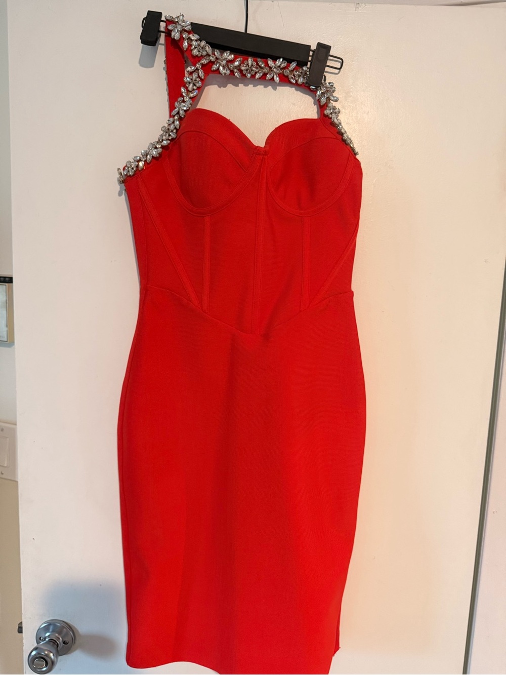 Red One-Shoulder Embellished Bustier Dress